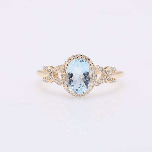 1.37 Ct Oval Mixed Cut Natural Aquamarine 14K Gold Ring