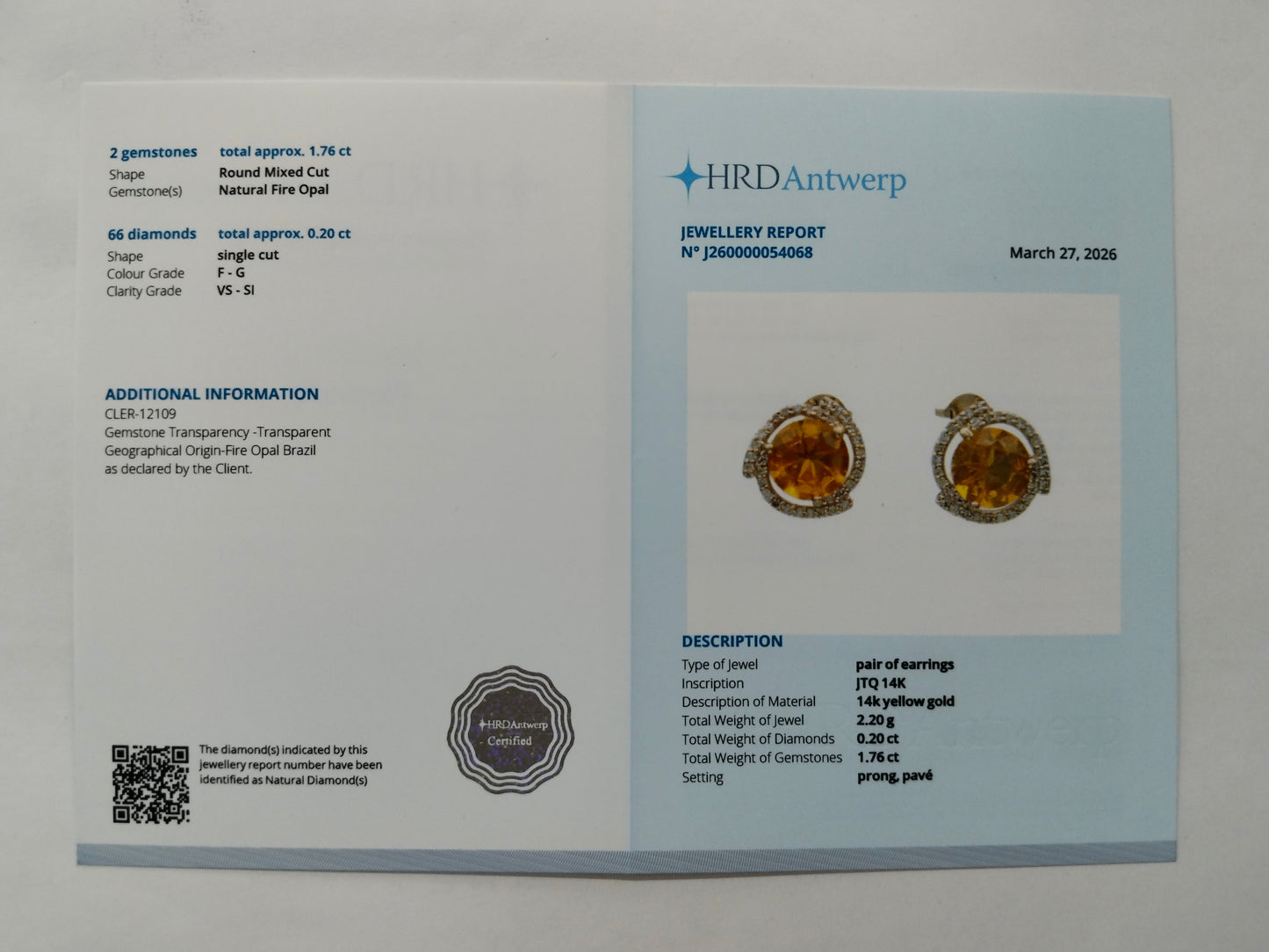 1.96 Ct Round Mixed Cut Natural Fire Opal 14K Gold Earrings