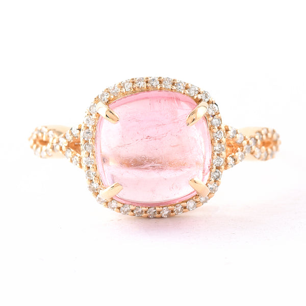 3.38 Ct Cushion Cabochon Cut Natural Pink Tourmaline 14K Gold Ring
