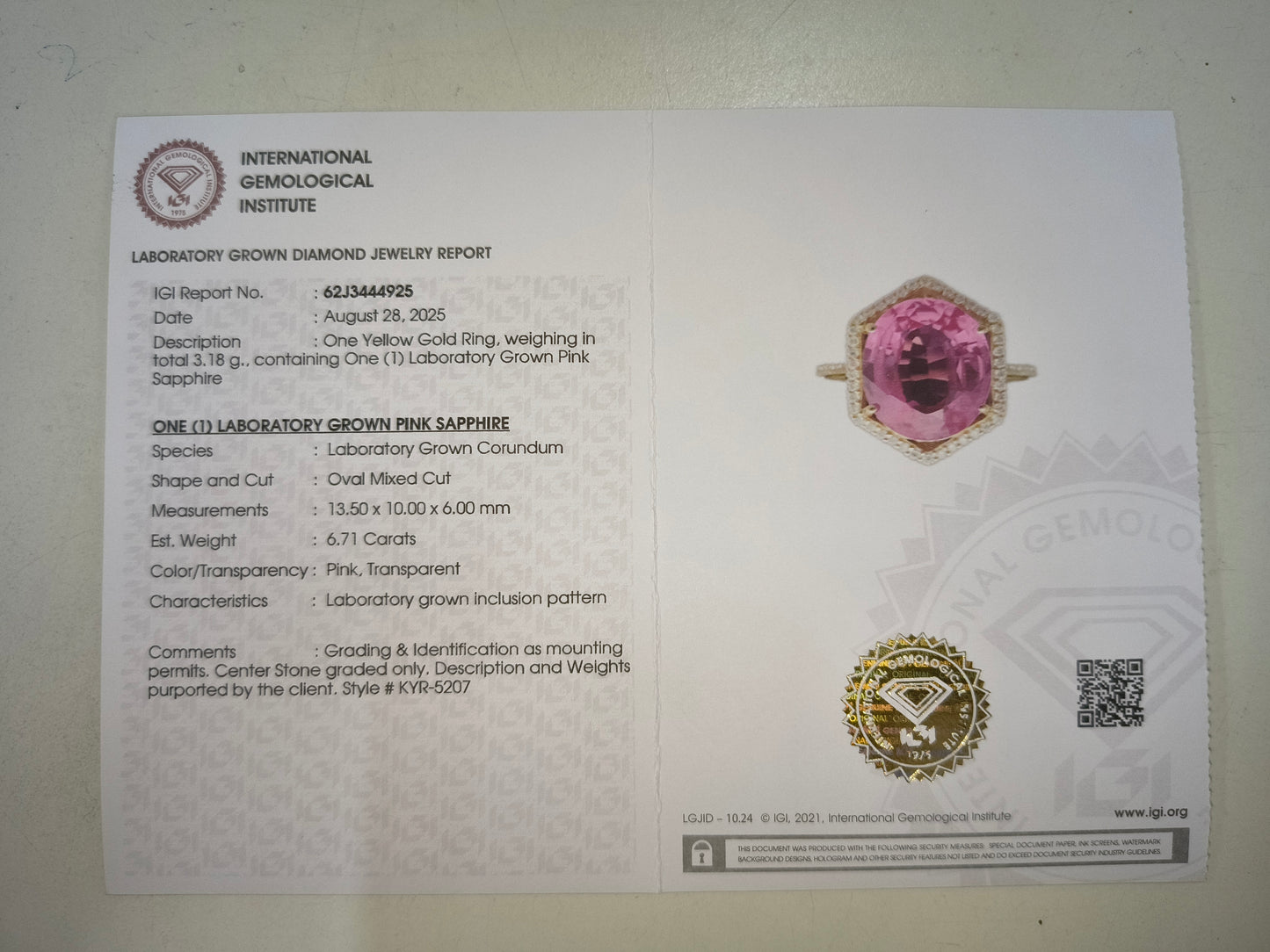 6.88 Ct Oval Mixed Cut Lab Grown Pink Sapphire 14K Gold Ring