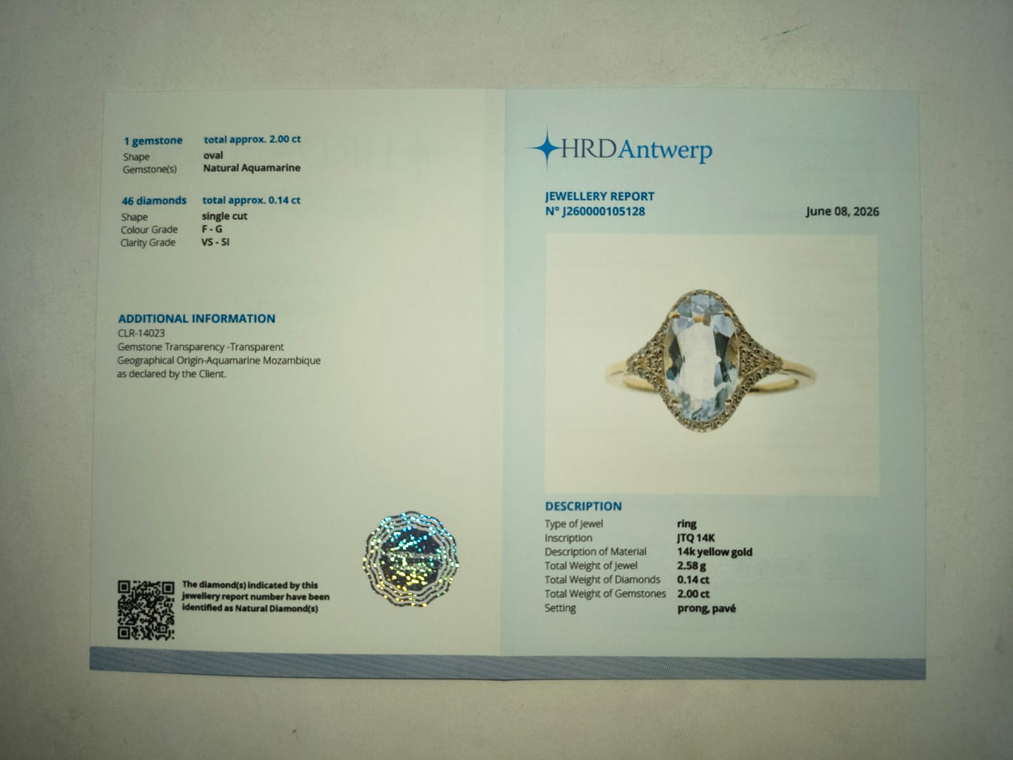 2.14 Ct Oval Mixed Cut Natural Aquamarine 14K Gold Ring