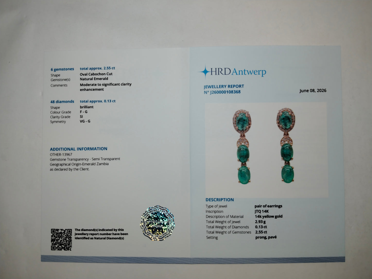 2.68 Ct Oval Cabochon Cut Natural Emerald 14K Gold Earrings