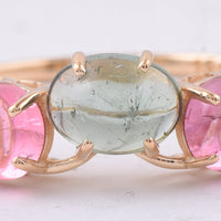 1.93 Ct Round Cabochon Cut, Oval Cabochon Cut Natural Multi Coloured Tourmaline 14K Gold Ring