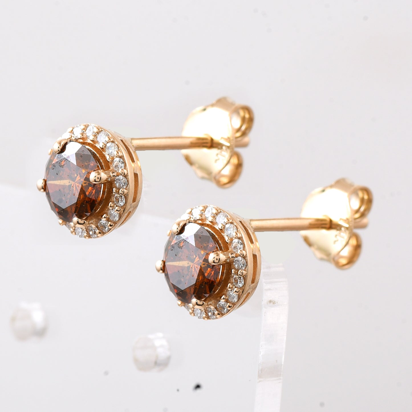 1.09 Ct Round Red Diamond 14K Gold Earrings