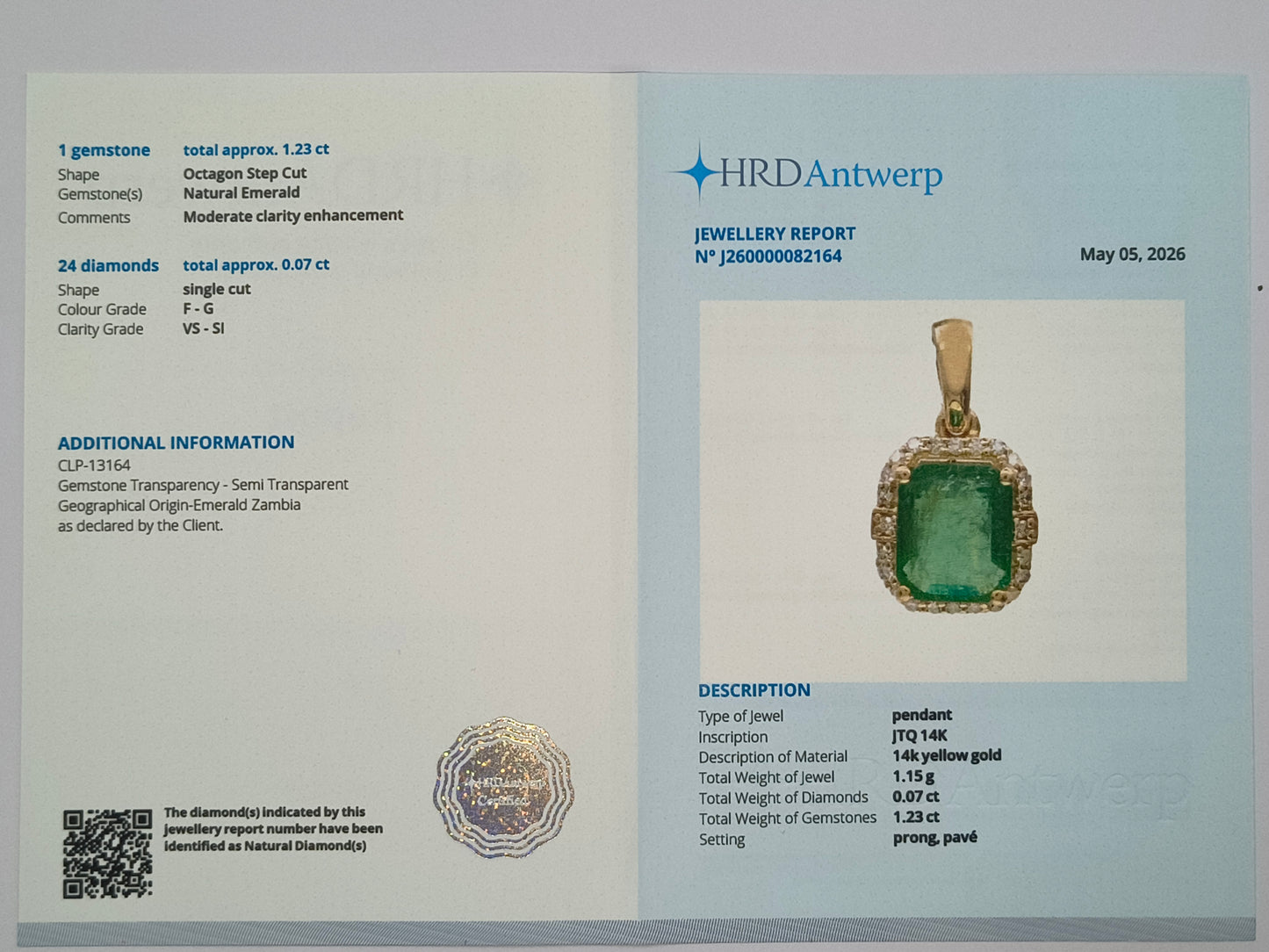 1.30 Ct Octagon Step Cut Natural Emerald 14K Gold Pendant