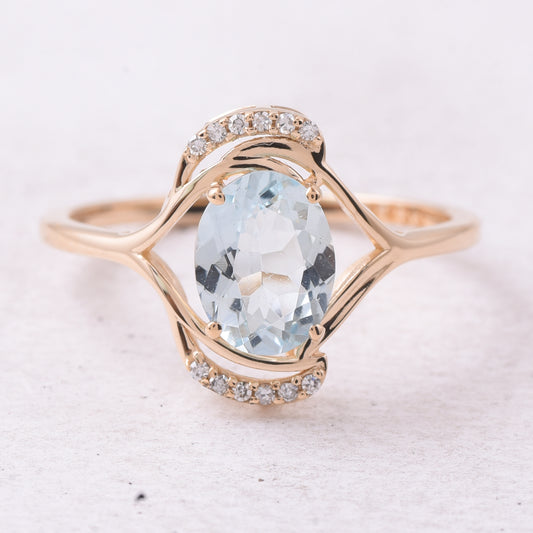1.19 Ct Oval Mixed Cut Natural Aquamarine 14K Gold Ring