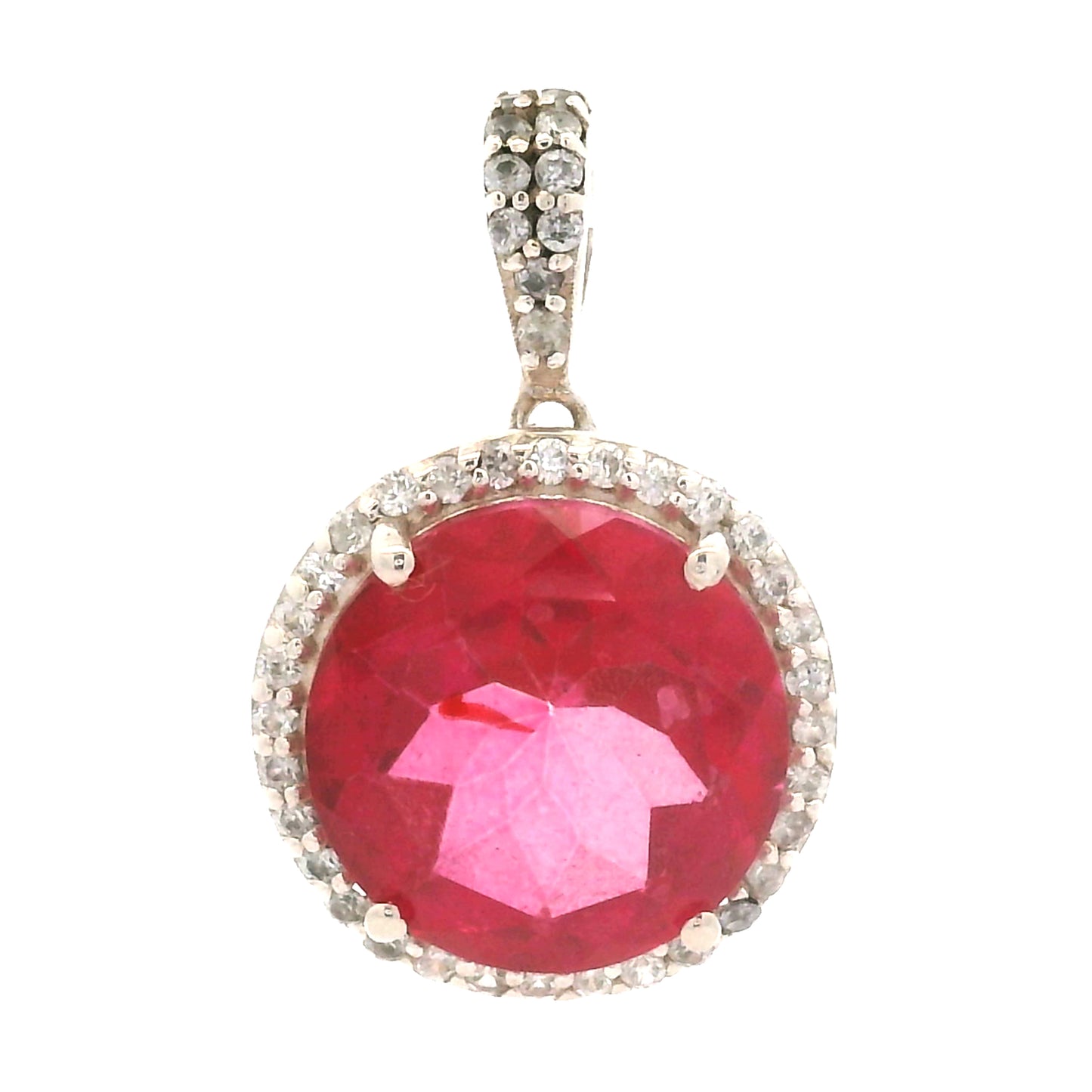 7.63 Ct Round Pink Topaz, White Zircon, 925 Sterling Silver Pendant
