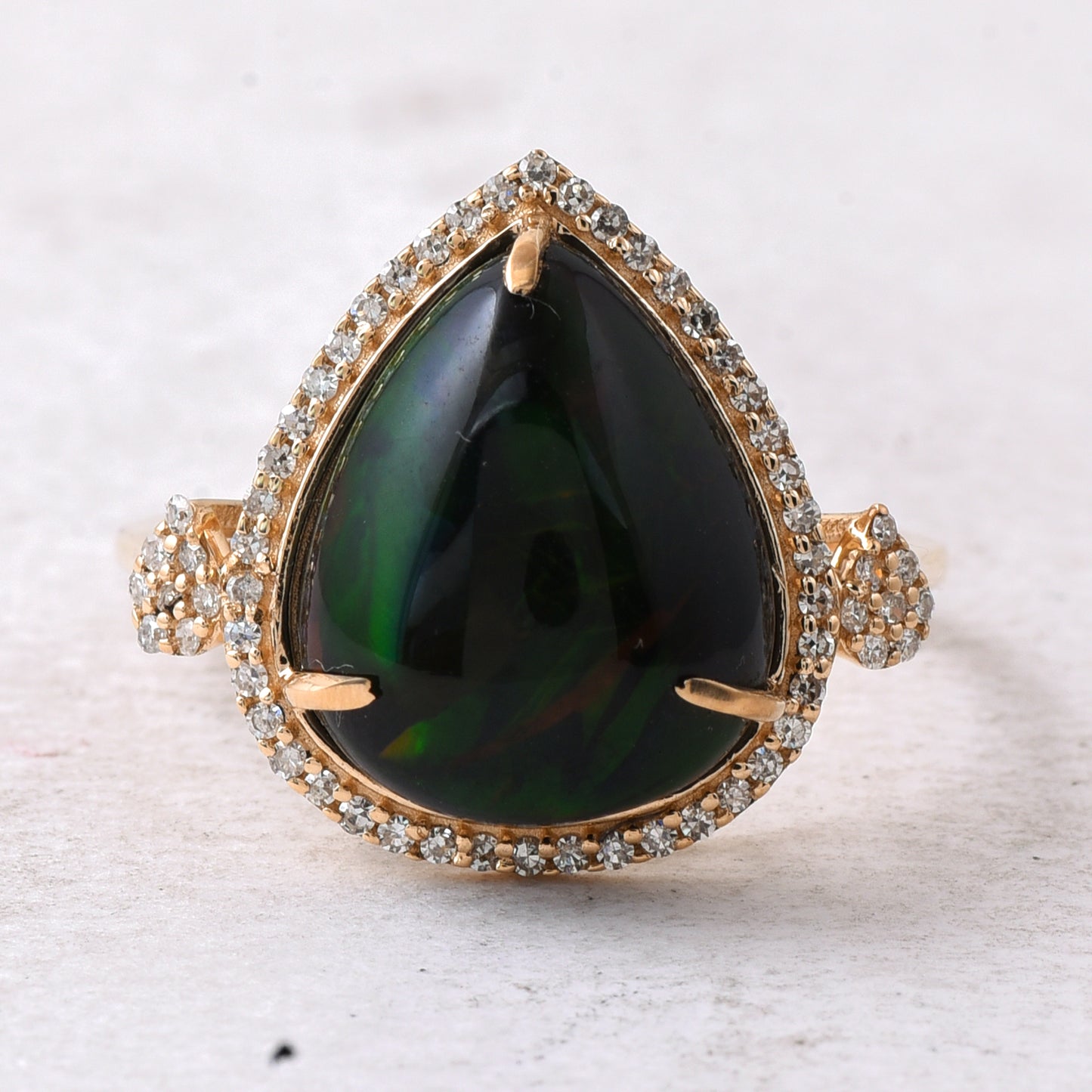4.12 Ct Pear Cabochon Natural Black Opal 14K Gold Ring