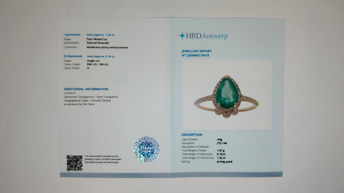 1.48 Ct Pear Mixed Cut Natural Emerald 14K Gold Ring