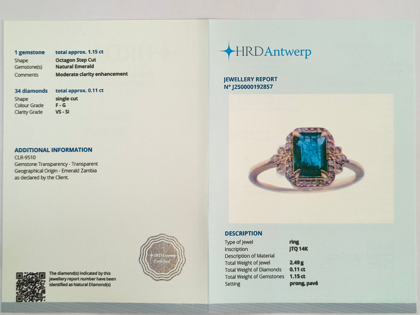 1.26 Ct Octagon Step Cut Natural Emerald 14K Gold Ring
