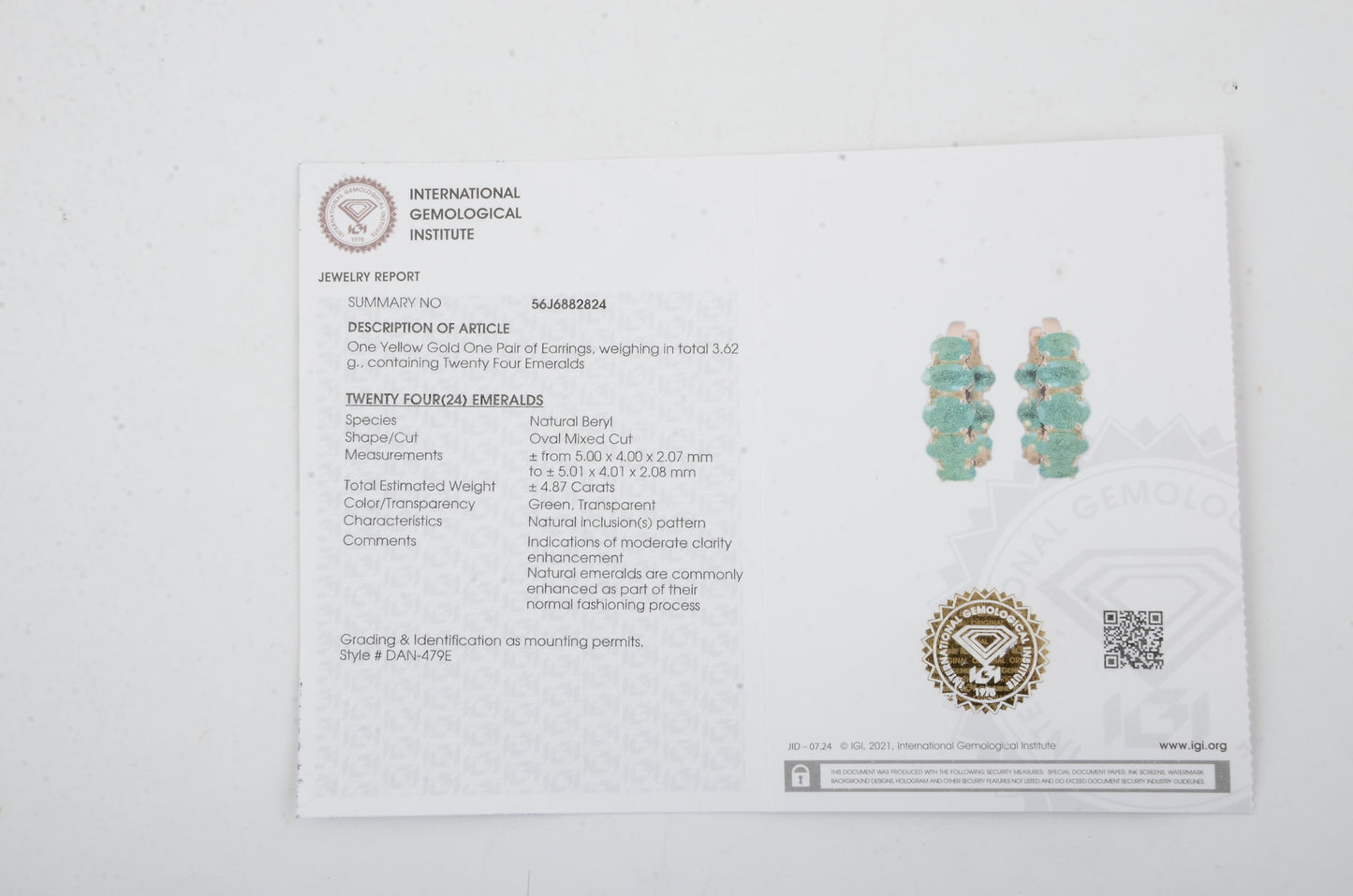 4.87 Carat Oval Mixed Cut Natural Beryl Emerald 14K Gold Earrings