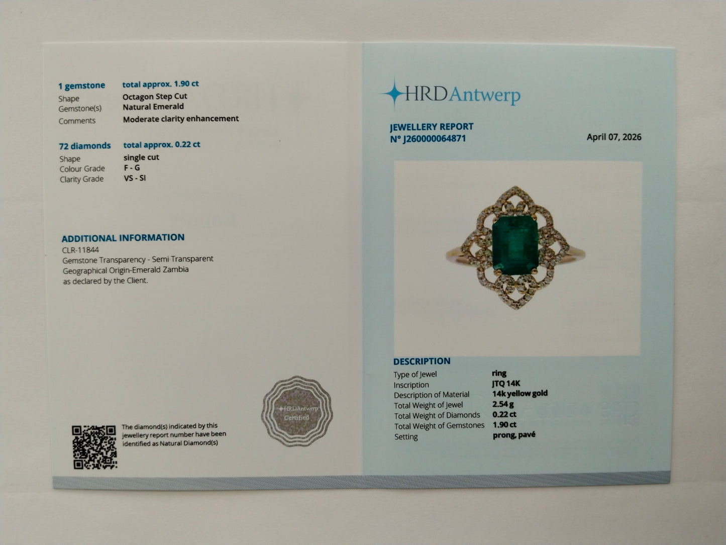 2.12 Ct Octagon Step Cut Natural Emerald 14K Gold Ring