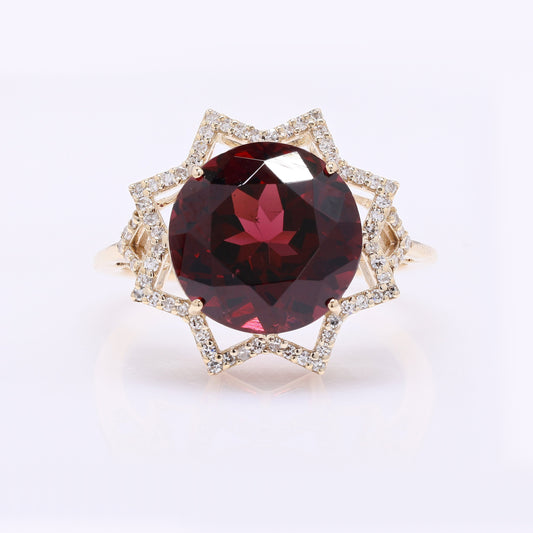 7.32 Ct Round Mixed Cut Natural Rhodolite 14K Gold Ring