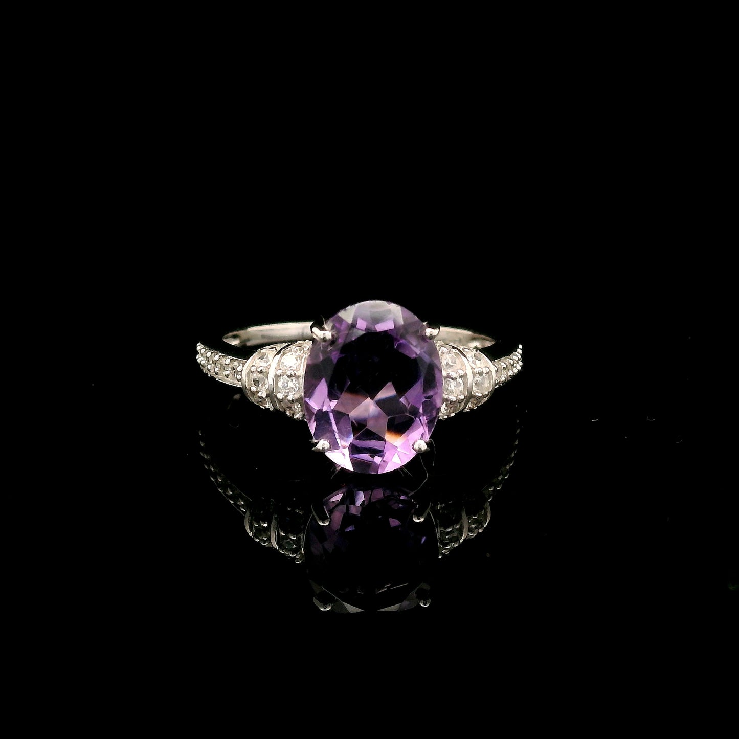 2.60 Ct Oval Amethyst, White Zircon 925 Sterling Silver Ring