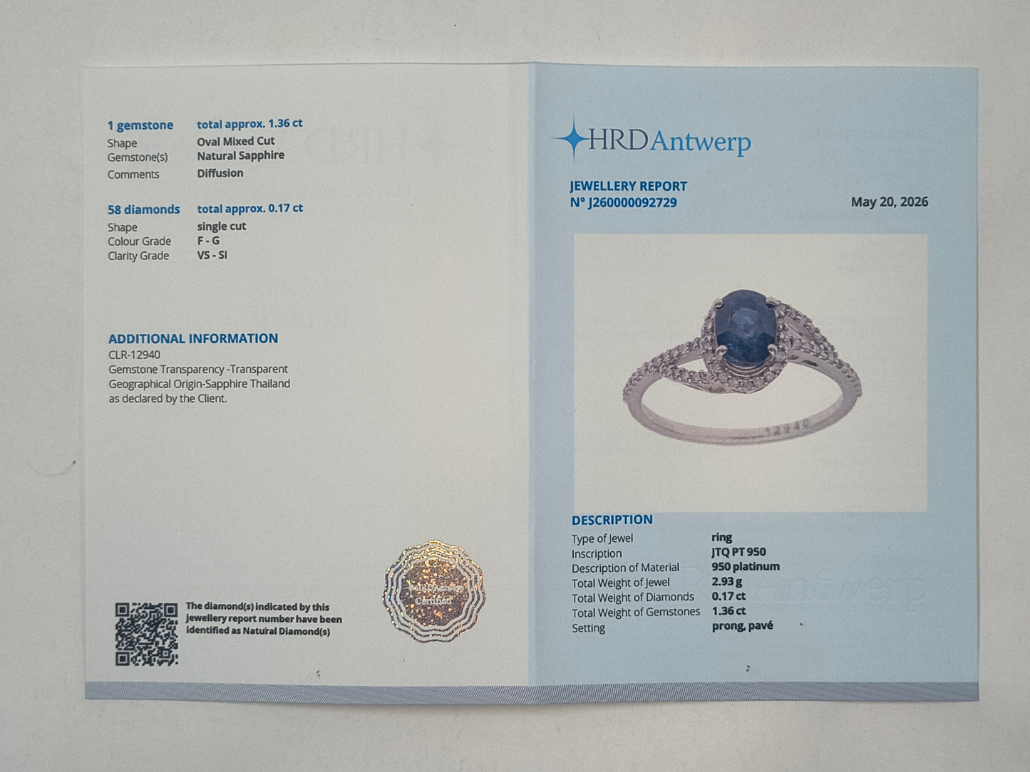 1.53 Ct Oval Sapphire 950 Platinum Ring