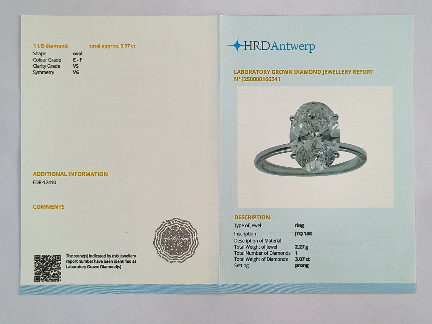 3.07 Carats Lab Grown Diamond 14K Gold Ring
