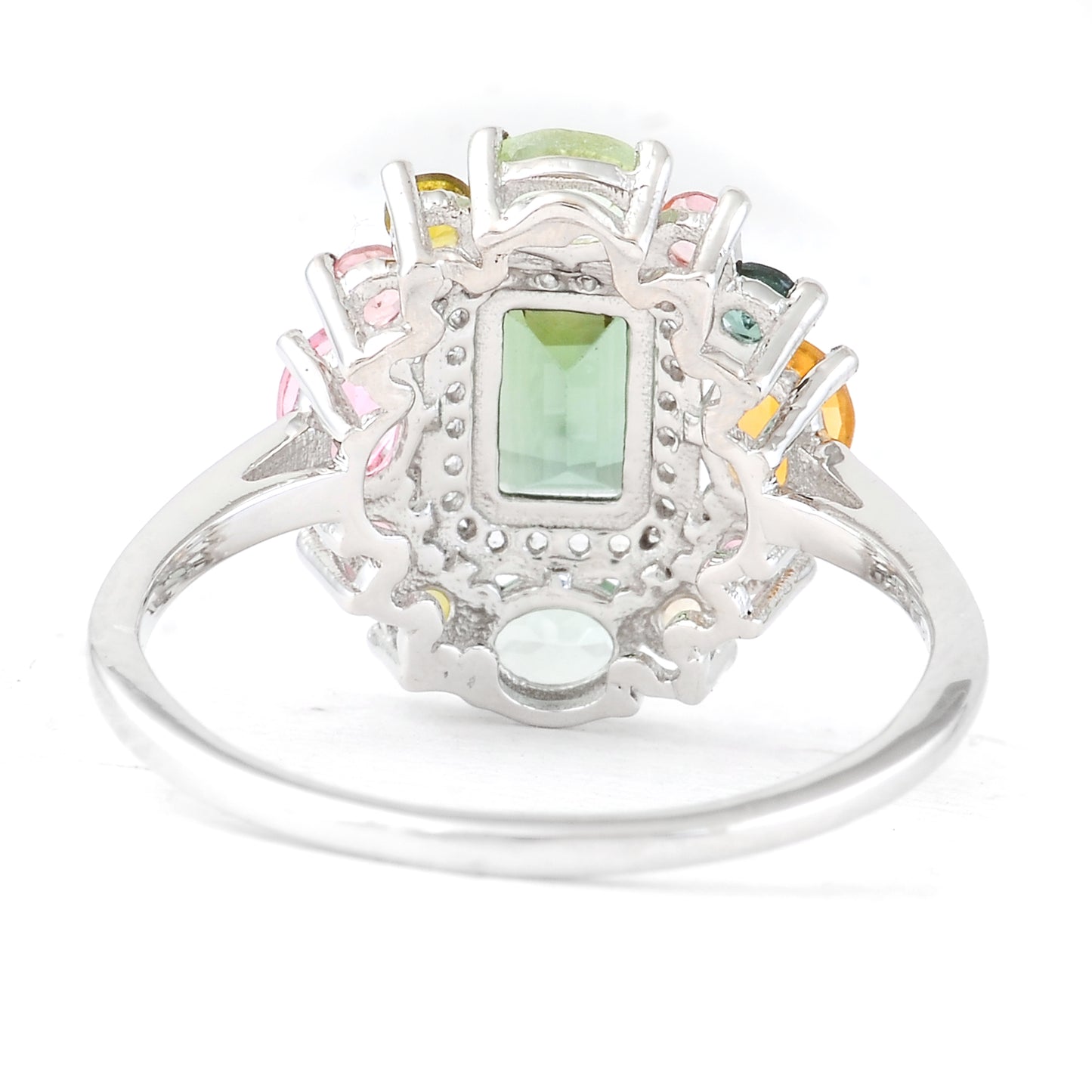 1.65 Ct Octagon Step Cut, Oval Mixed Cut, Round Mixed Cut Natural Multi-Coloured Tourmaline 950 Platinum Ring