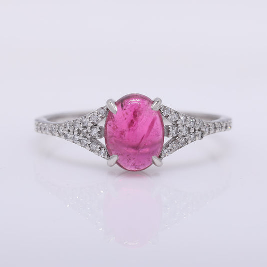 1.27 Ct Oval Cabochon Cut Natural Pink Tourmaline 950 Platinum Ring