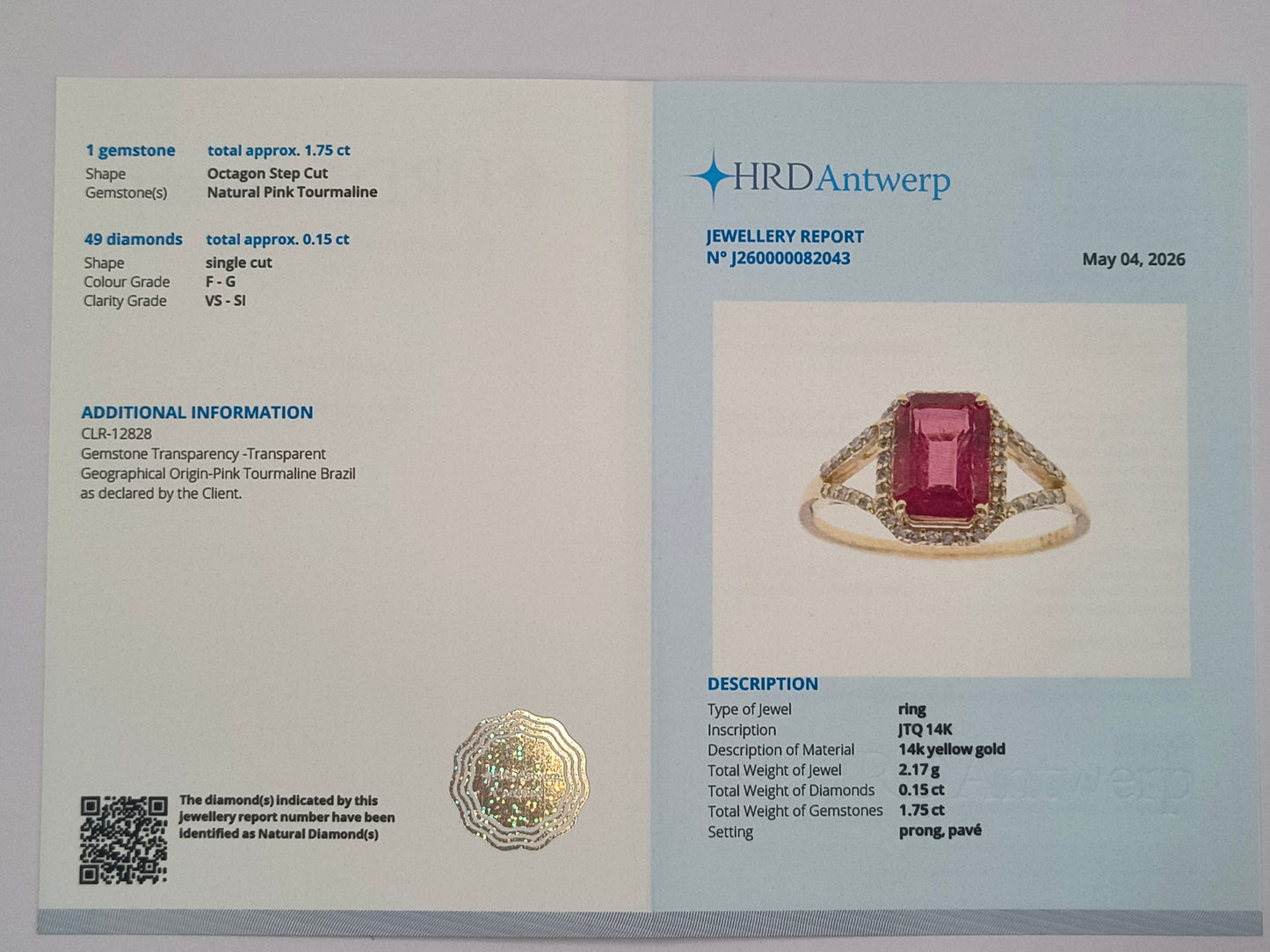 1.90 Ct Octagon Step Cut Natural Pink Tourmaline 14K Gold Ring
