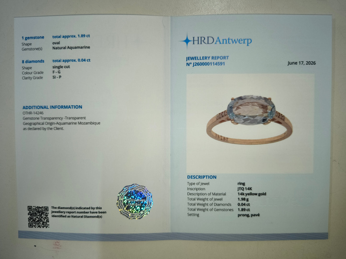 1.93 Ct Oval Natural Aquamarine 14K Gold Ring