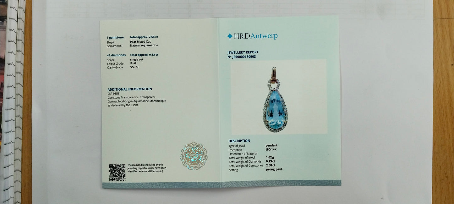 2.71 Ct Pear Mixed Cut Natural Aquamarine 14K Gold Pendant
