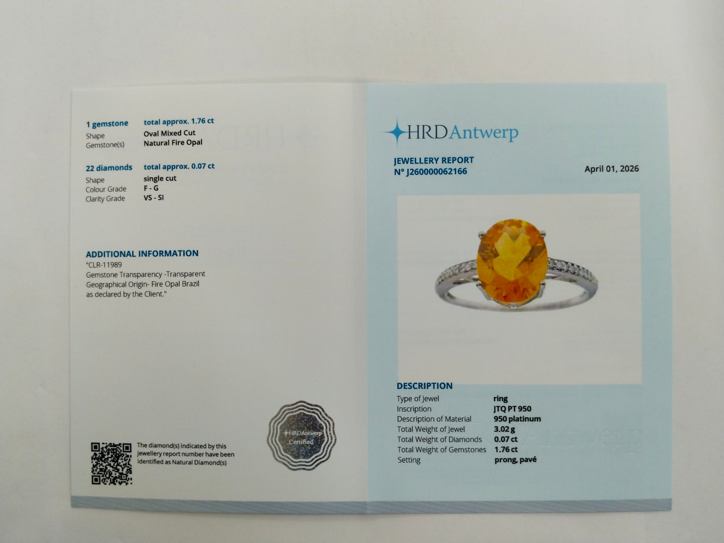 1.83 Ct Oval Mixed Cut Natural Fire Opal 950 Platinum Ring