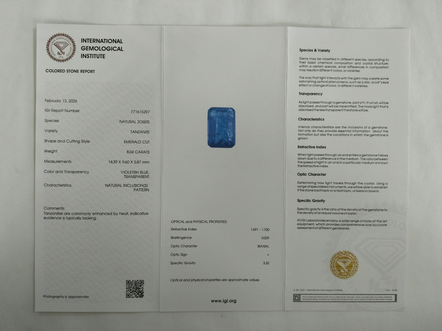 8.04 Natural Zoisite Tanzanite Emerald Cut Gemstone