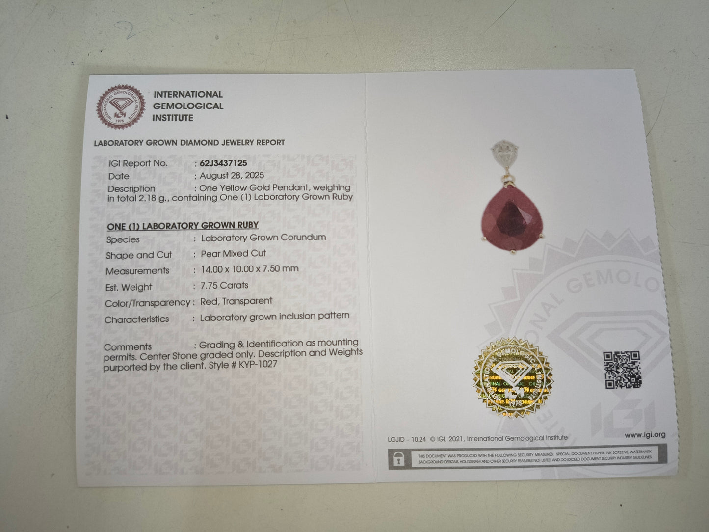 8.13 Ct Pear Mixed Cut Lab Grown Ruby 14K Gold Pendant