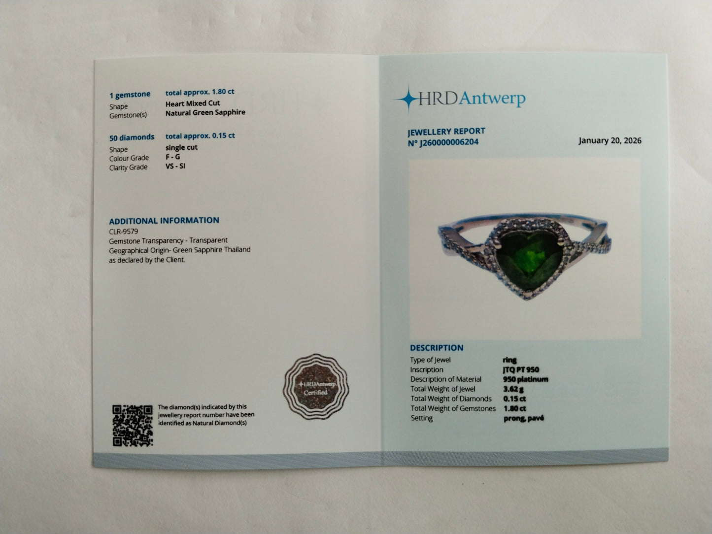 1.95 Ct Heart Mixed Cut Natural Green Sapphire 950 Platinum Ring