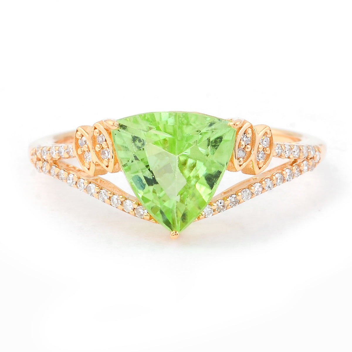 2.32 Ct Triangle Mixed Cut Natural Peridot 14K Gold Ring