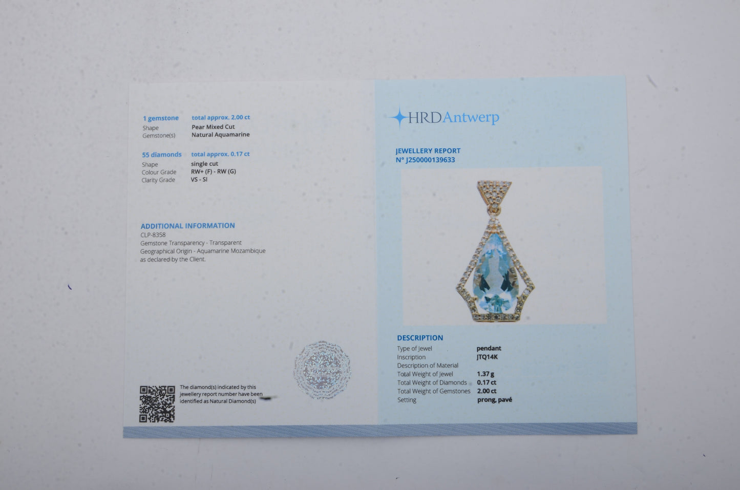 2.17 Ct Pear Mixed Cut Natural Aquamarine 14K Gold Pendant