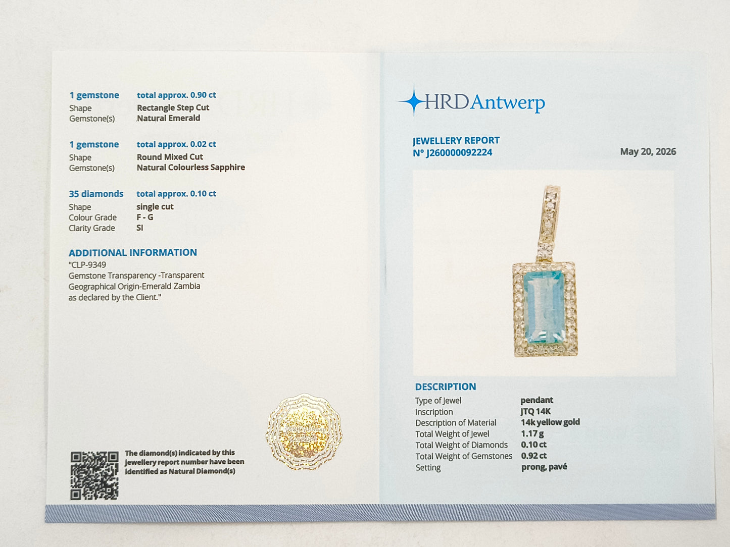 1.02 Ct Baguette Emerald 14K Gold Pendant