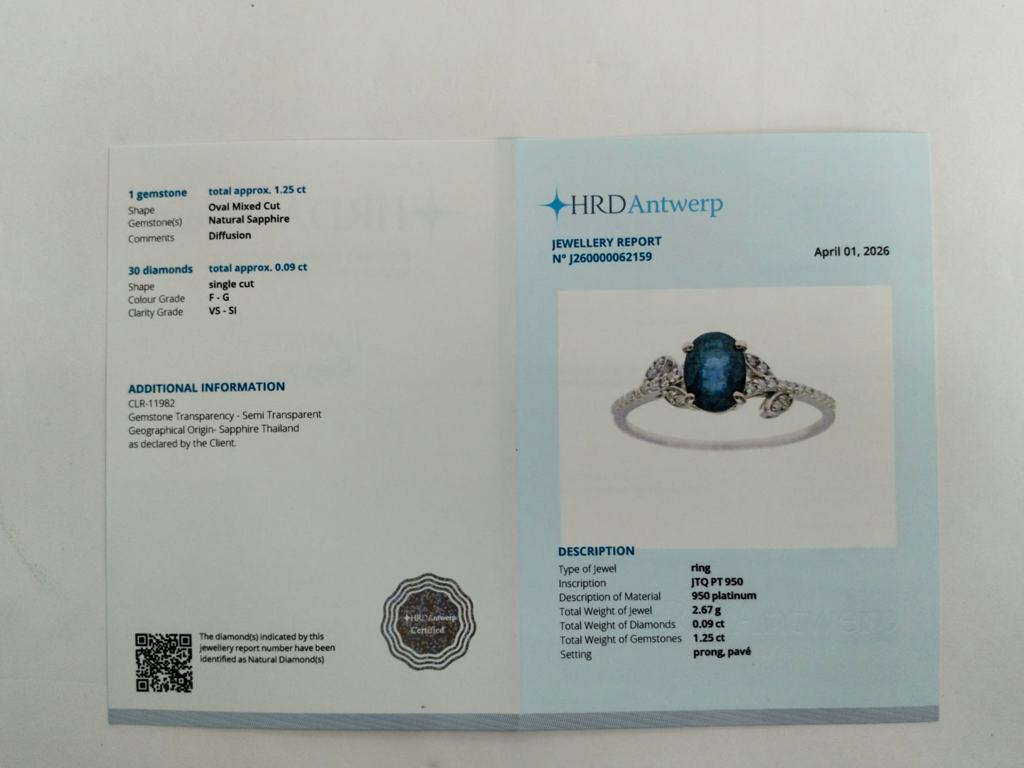 1.34 Ct Oval Mixed Cut Natural Sapphire 950 Platinum Ring