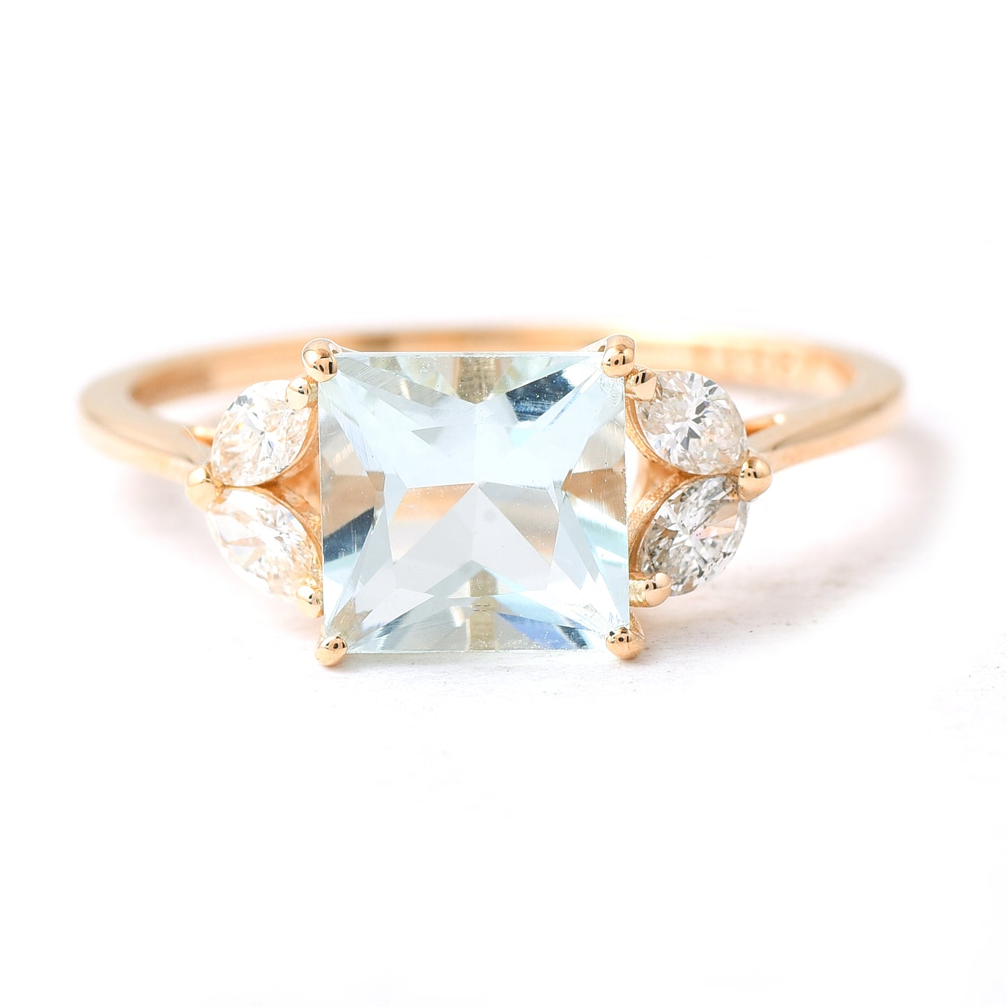 1.55 Ct Square Mixed Cut Natural Aquamarine 14K Gold Ring