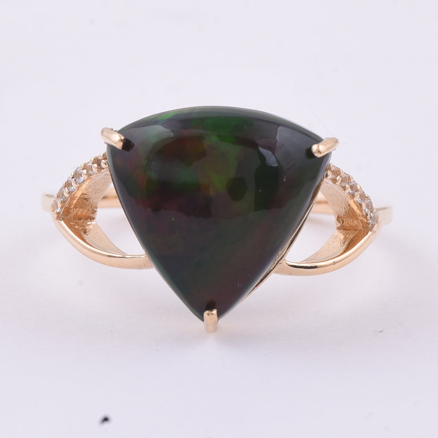 3.65 Ct Triangle Cabochon Natural Black Opal 14K Gold Ring