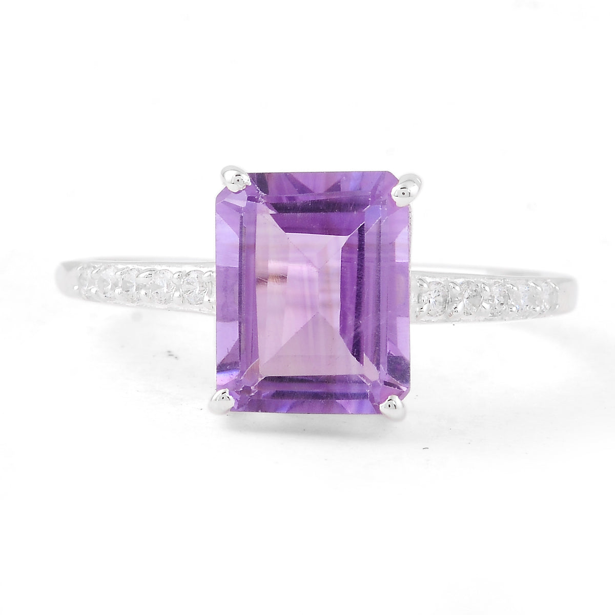 3.19 Ct Octagon Amethyst, Cubic Zirconia 925 Sterling Silver Ring