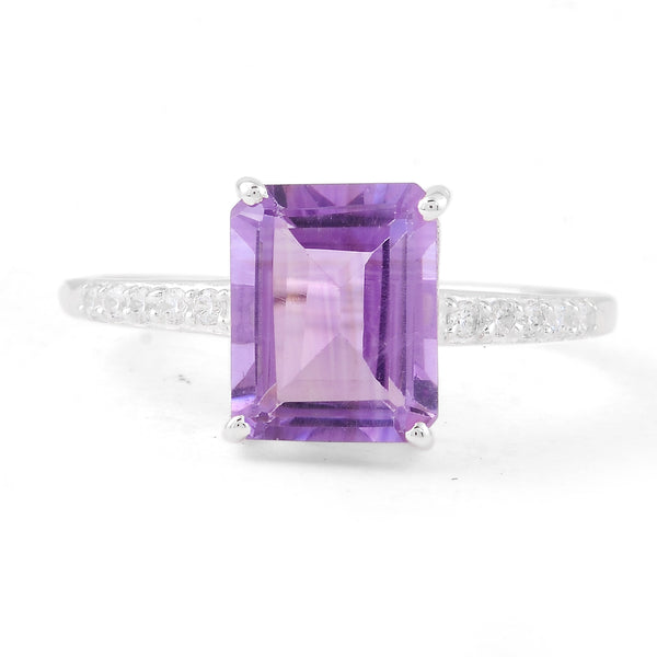 3.19 Ct Octagon Amethyst, Cubic Zirconia 925 Sterling Silver Ring