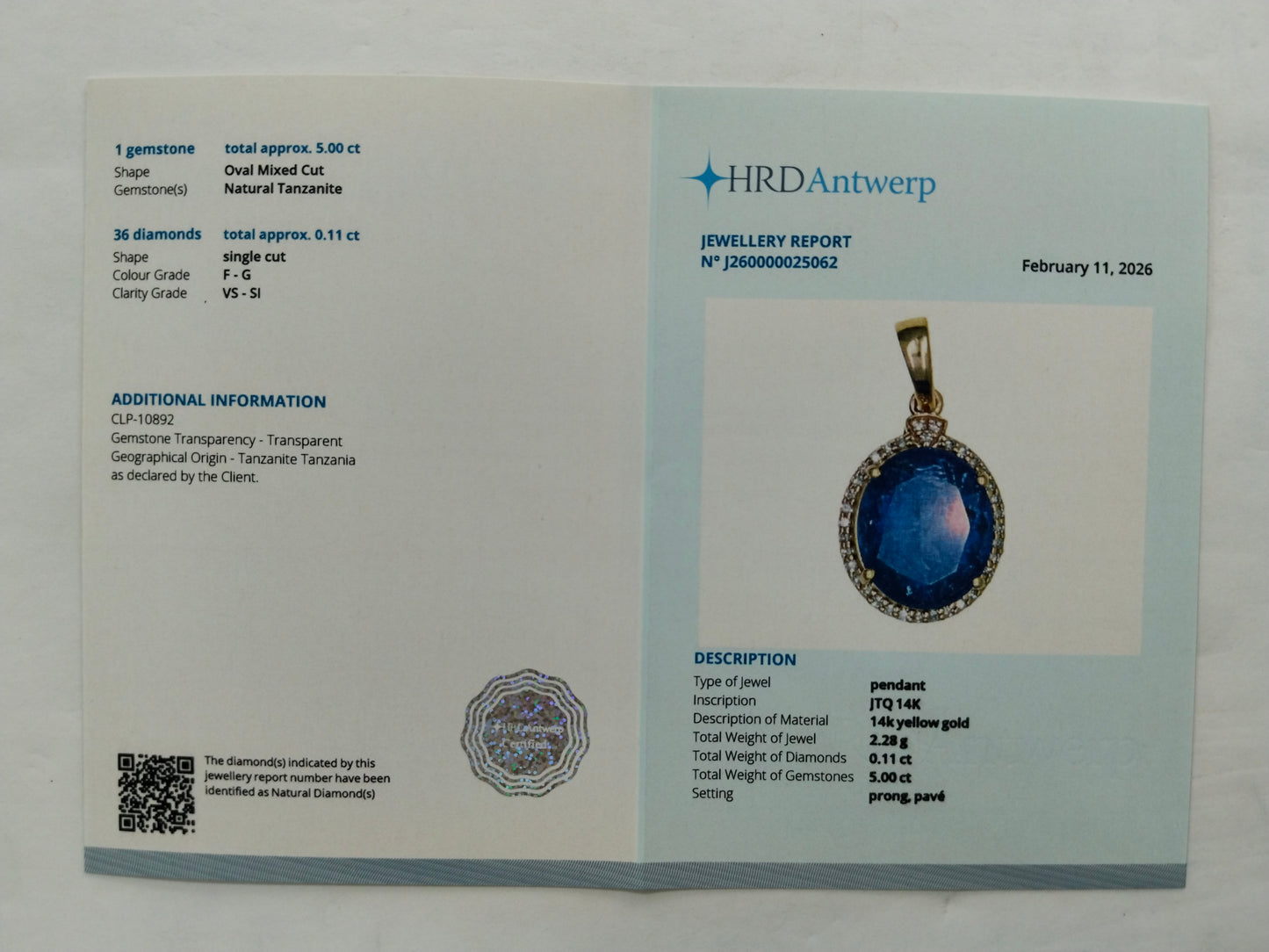 5.11 Ct Oval Mixed Cut Natural Tanzanite 14K Gold Pendant