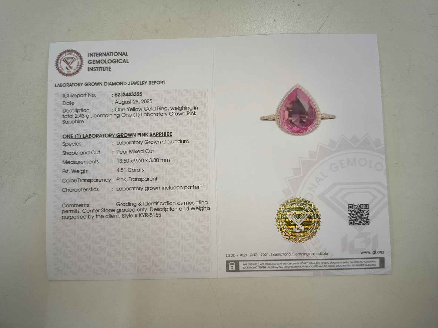 4.69 Ct Pear Mixed Cut Lab Grown Pink Sapphire 14K Gold Ring