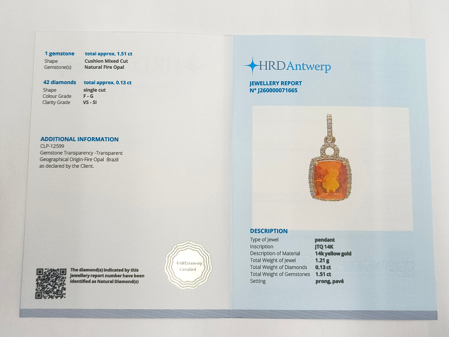 1.64 Ct Cushion Mixed Cut Natural Fire Opal 14K Gold Pendant