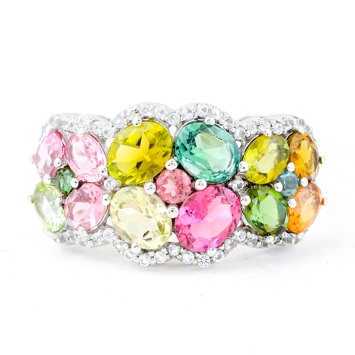 3.07 Ct Oval Mixed Cut, Round Mixed Cut Natural Multi-Coloured Tourmaline 950 Platinum Ring