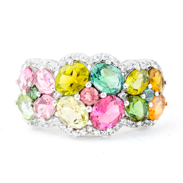 3.07 Ct Oval Mixed Cut, Round Mixed Cut Natural Multi-Coloured Tourmaline 950 Platinum Ring