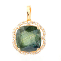 6.49 Ct Cushion Mixed Cut Natural Green Sapphire 14K Gold Pendant