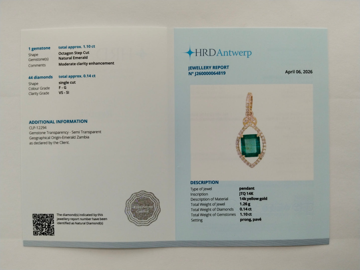 1.24 Ct Octagon Step Cut Natural Emerald 14K Gold Pendant