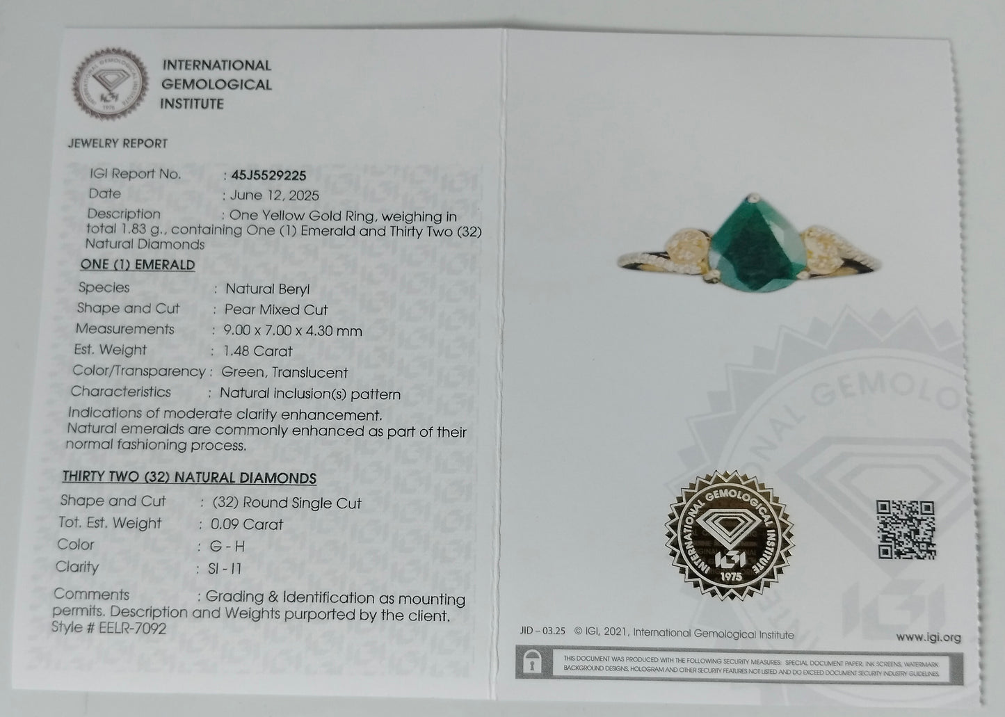 1.57 Ct Pear Mixed Cut Natural Beryl Emerald 14K Gold Ring