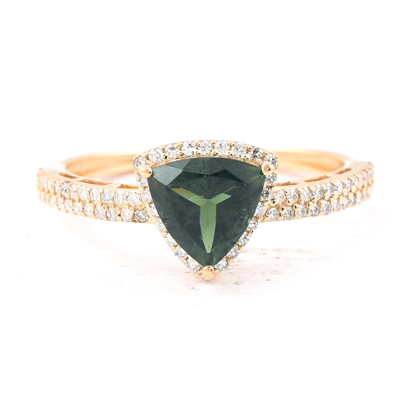 1.45 Ct Triangle Mixed Cut Natural Green Tourmaline 14K Gold Ring