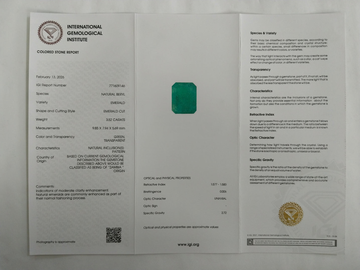 3.52 Natural Beryl Emerald Emerald Cut Gemstone