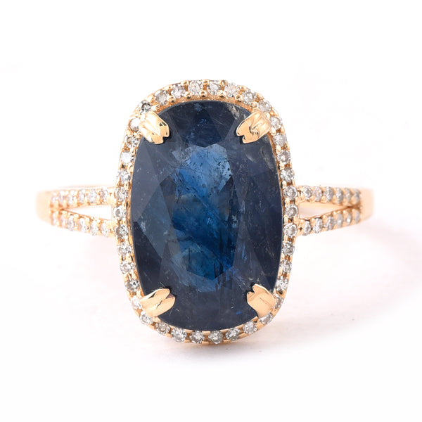 5.69 Ct Cushion Mixed Cut Natural Sapphire 14K Gold Ring