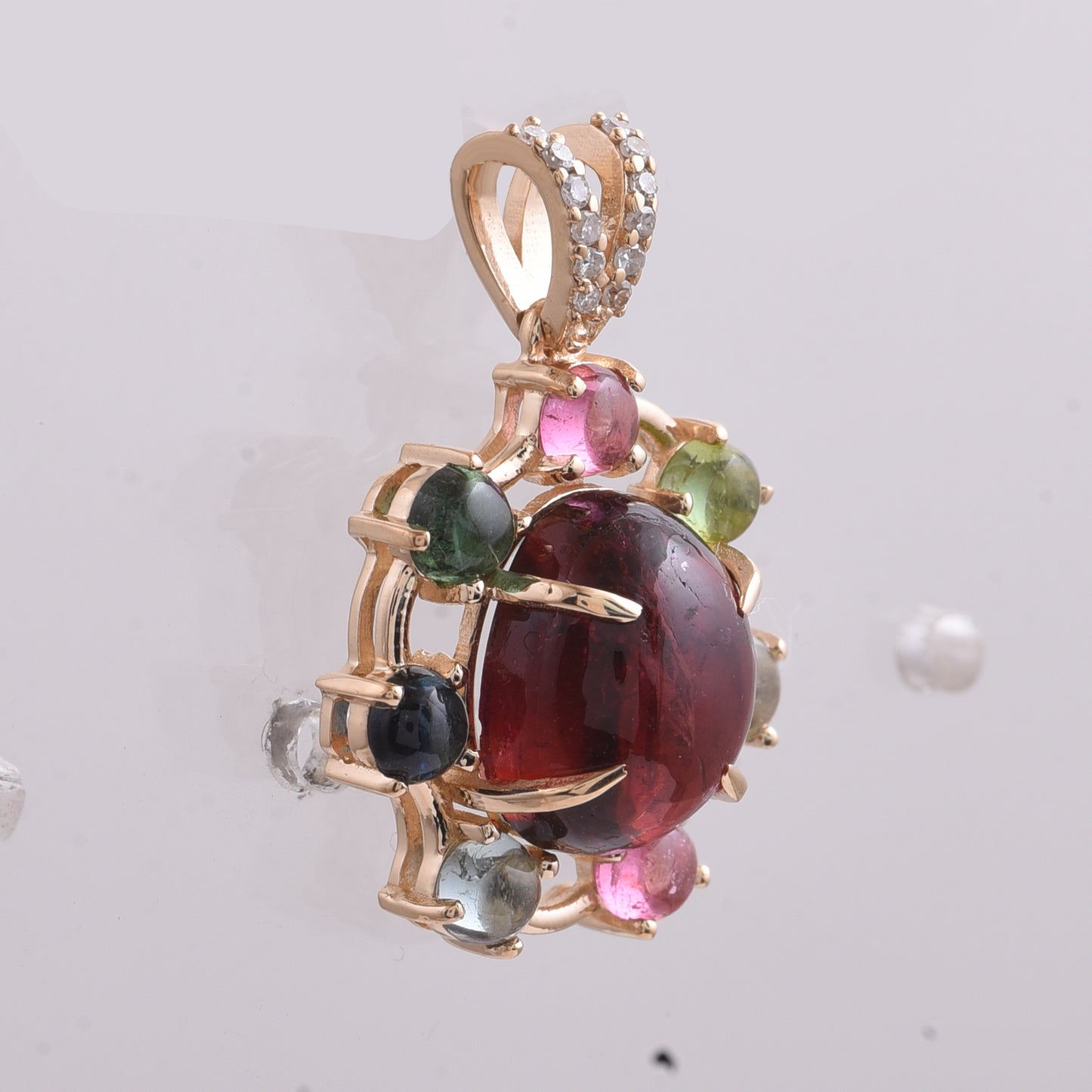 4.59 Ct Oval Cabochon Cut, Round Cabochon Cut Natural Multi-Coloured Tourmaline 14K Gold Pendant