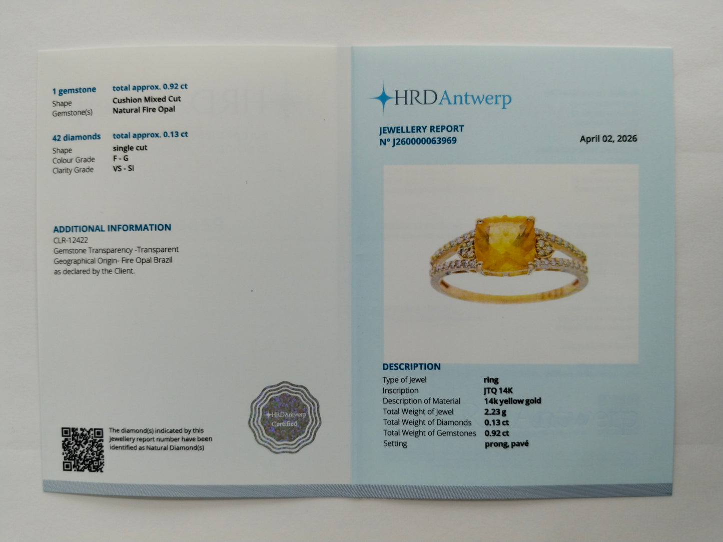 1.05 Ct Cushion Mixed Cut Natural Fire Opal 14K Gold Ring